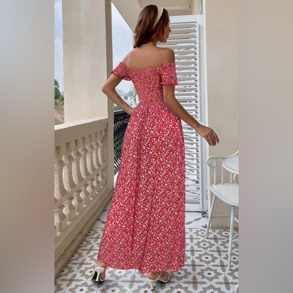 Off the shoulder shirred bust floral print boho maxi dress blue - Picture 2 of 4